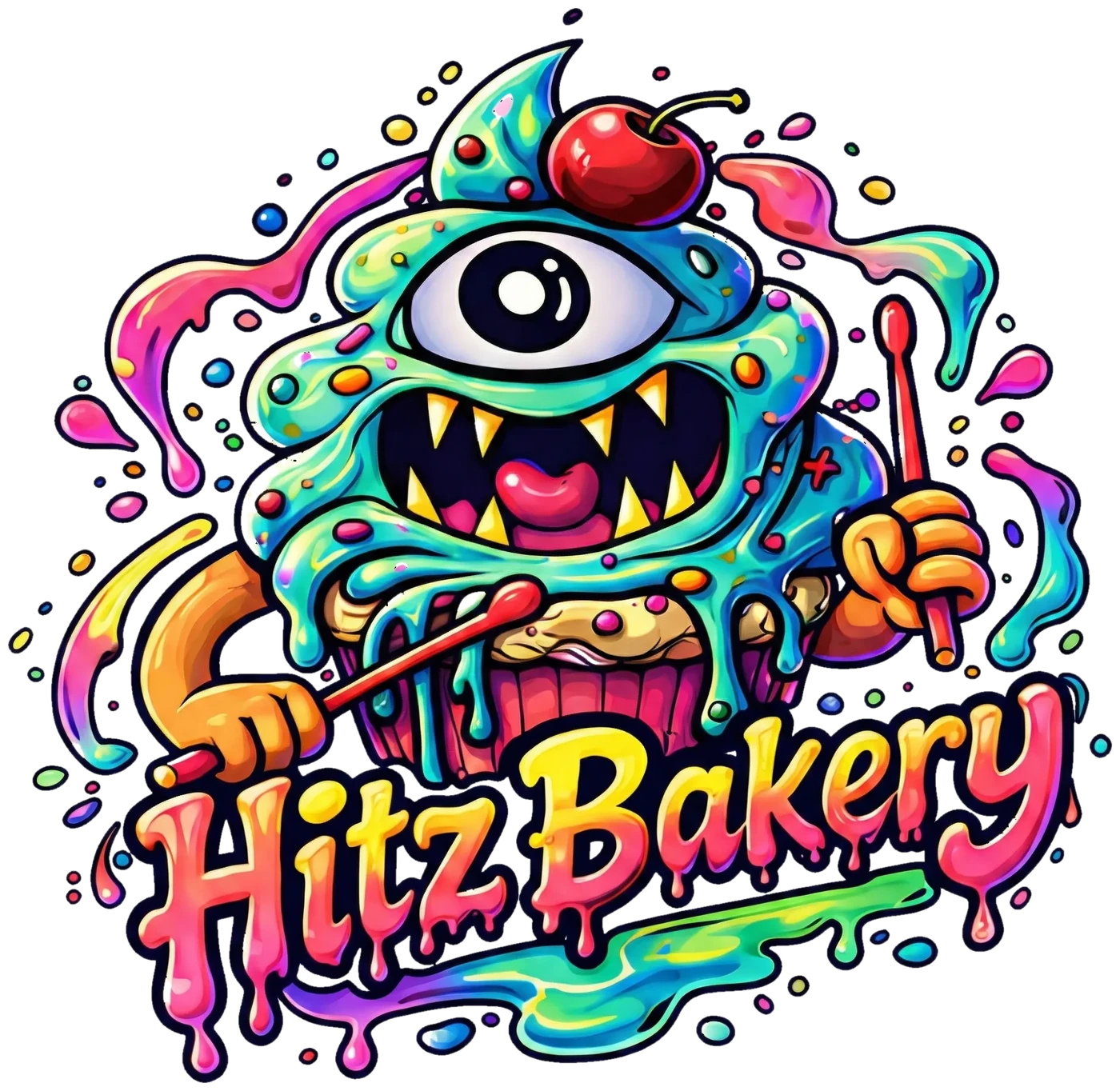 Hitz Bakery logo: the cupcake monster drumming above the dripping wordmark